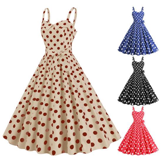 Women Vintage Dress 50s Retro A-line Big Swing Sleeveless Dot Print Contrast Color Elastic Bust High Tight Waist Backless