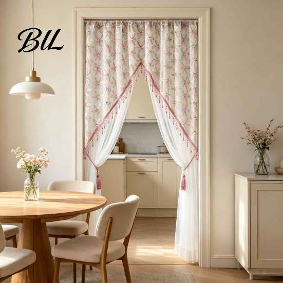 Embroidered Gauze Room Divider Sheer Floral Door Curtain with Beads, Lace Translucent Privacy Panel Divider, Rod Pocket Doorway for Bedroom