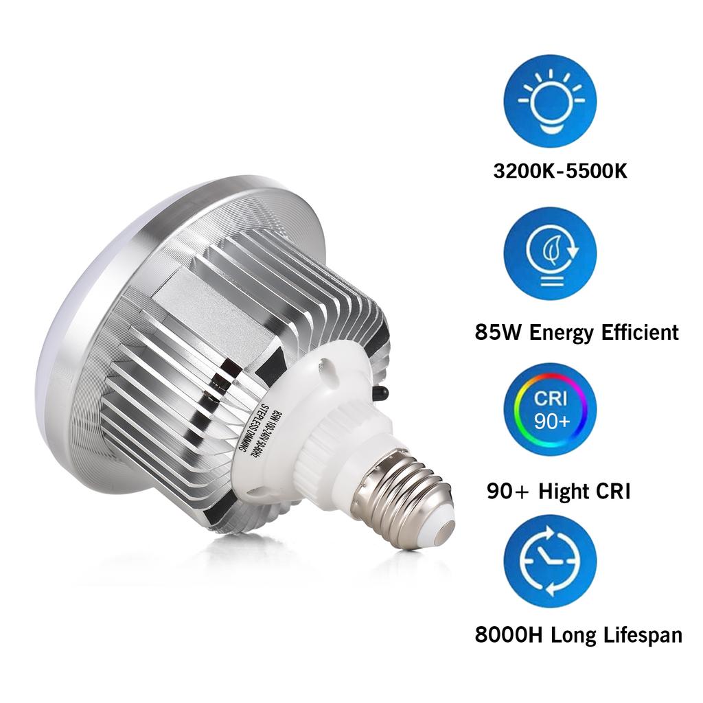 2pcs 85W LED Light Bulb 3200K-5500K Photography Lamp Bulb Energy-saving Adjustable Brightness E27