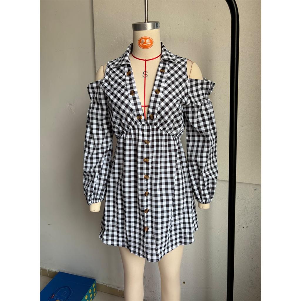 Women Plaid Cold‑Shoulder Mini Dress Collar Lantern Long Sleeve Button‑Front A‑Line Short Casual Dress