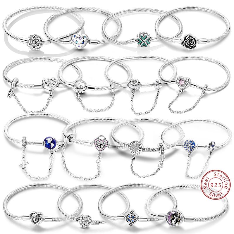 Original Bracelets 925 Silver Snowflake Heart Safety Chain Charms Bead Bracelet For Birthday Wedding Jewelry DIY Making