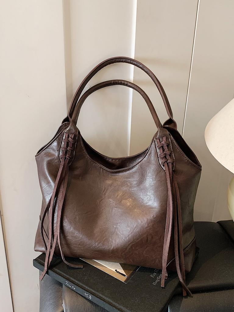 Retro Large Capacity Shoulder Bag for Women Korean Style Traveling Zipper PU Tote Bags Autumn New Solid Color Student Handbags