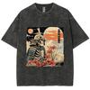 Japanese Movie Style Skull Print Washed T-Shirt Loose Cotton Mid Sleeve Teen Student Casual Design Fashion Top