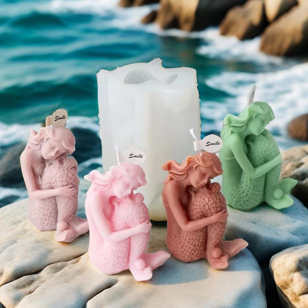 3D Свеча-Русалка Силиконовая Форма Сидящая Обнимающая Хвост Статуя Морской Эльф Инструмент DIY Морская Дочь Ароматический Гипс Морская Тема Поделка Декор