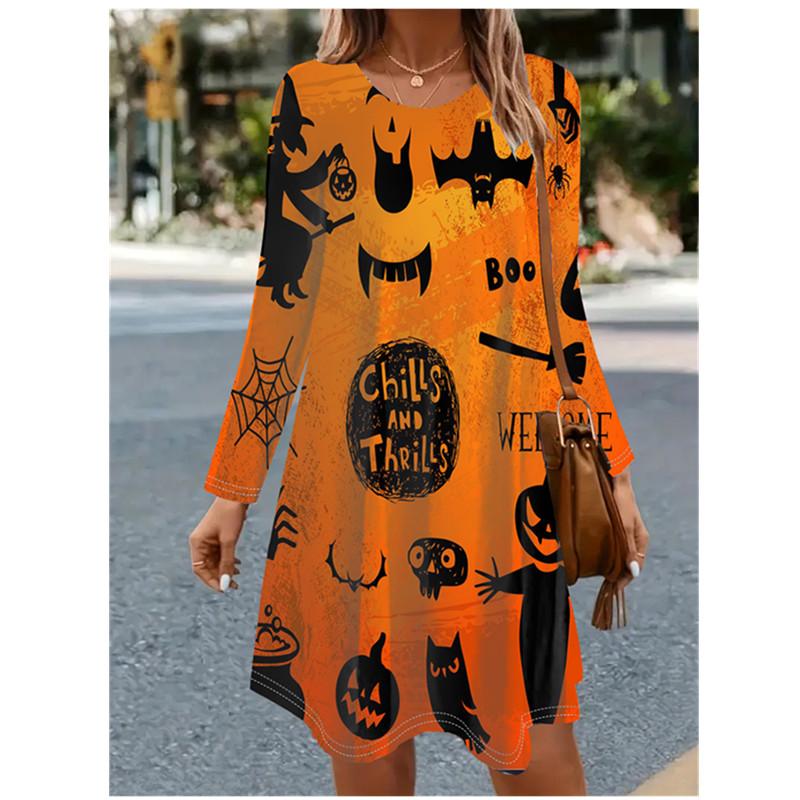 Women's Halloween Party Dress 3D Horror Halloween Pumpkin Bat Witch Printed Dress Long Sleeve O-Neck Casual Loose Dress