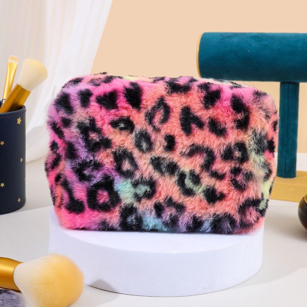 Large Capacity Plush Makeup Bags Leopard Print Cosmetic Storage Organizer Ladies