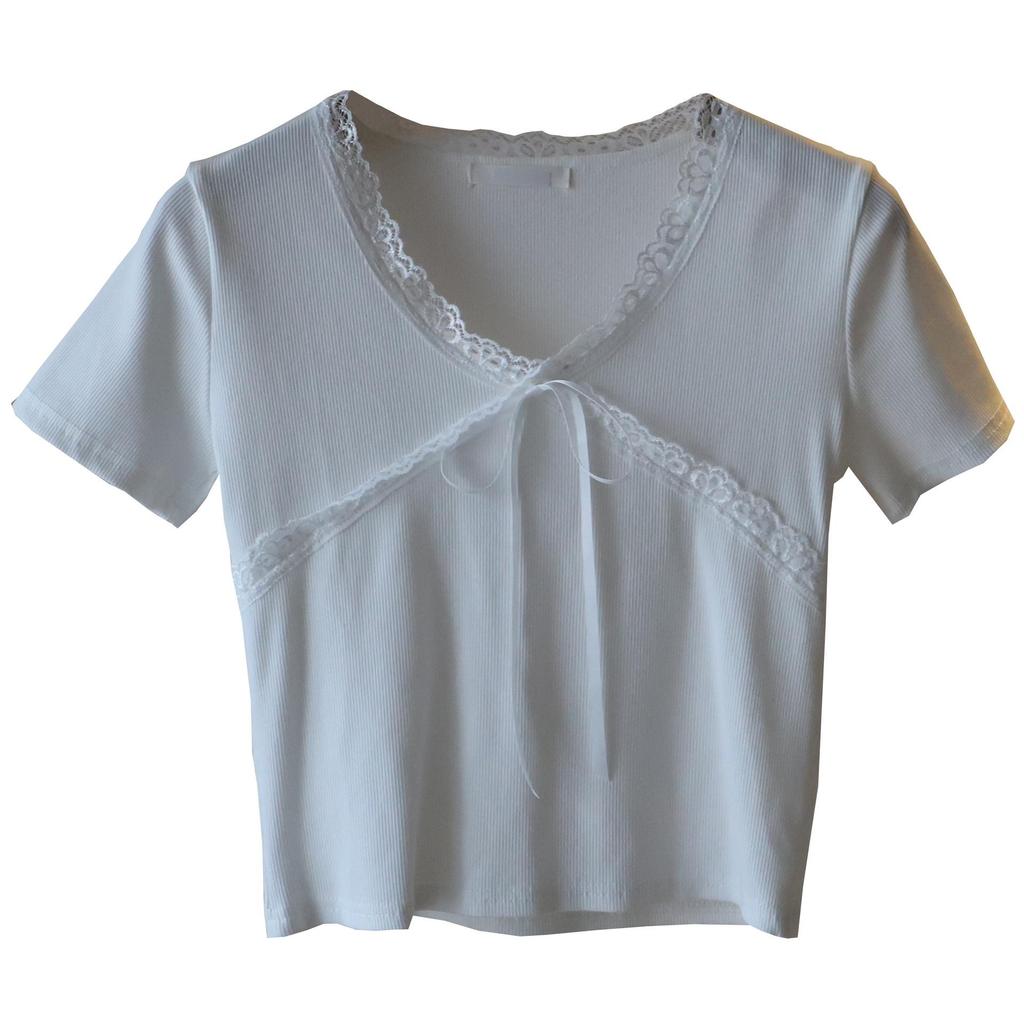 Маленький топ с короткими рукавами и бантом, приталенного силуэта - 2025 корейский стиль, летняя женская мода