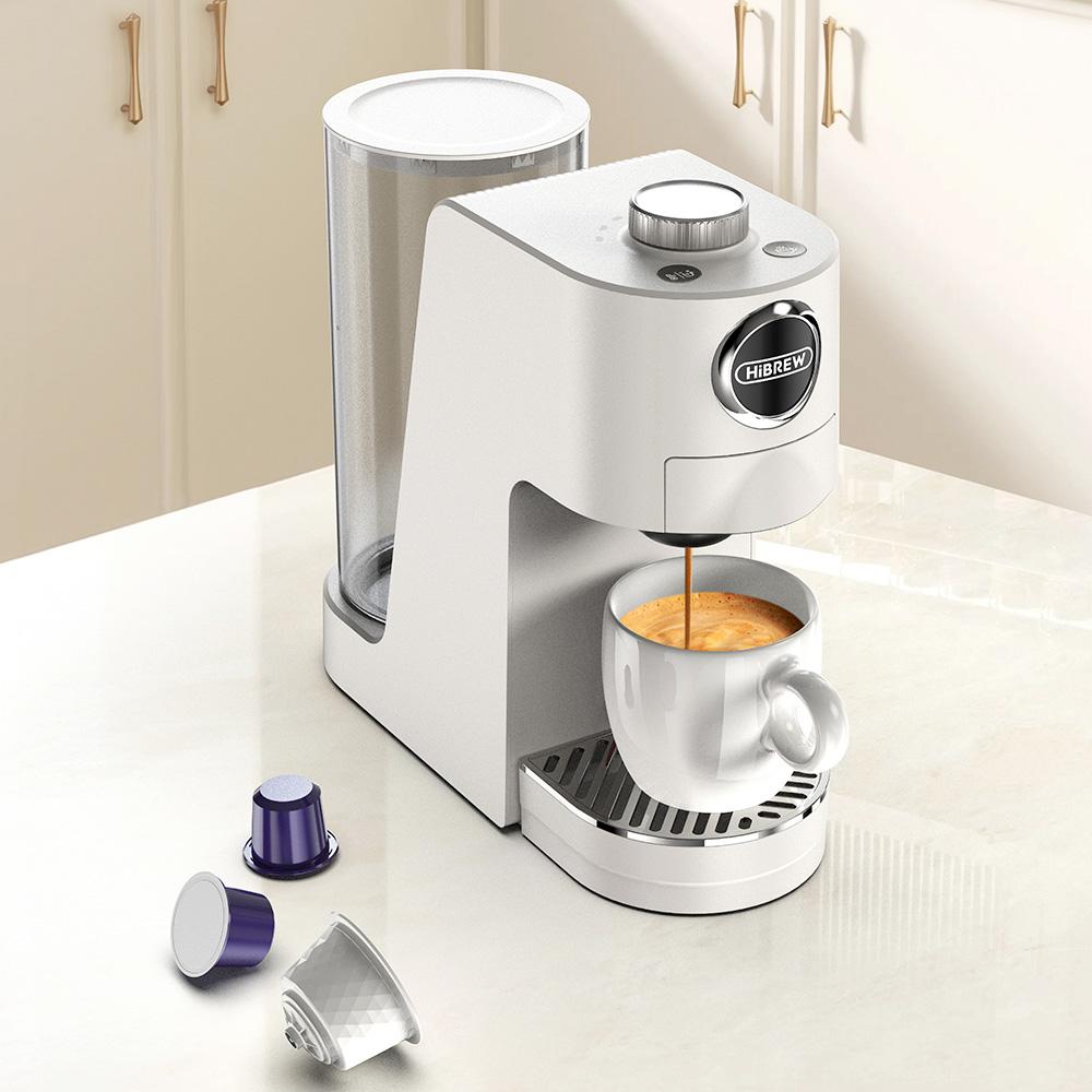 HiBREW Кофемашина H3C 3-в-1 капсульного типа, помпа 20 бар, горячее/холодное заваривание, 7 режимов температуры, резервуар для воды 1,4 л, для капсул DG/NS и молотого кофе - Белая