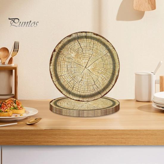 10Pcs Round Wood Grain Paper Tray Food Grade Paper Dinner Plates Decorative Picnic Party Tableware Decoration
