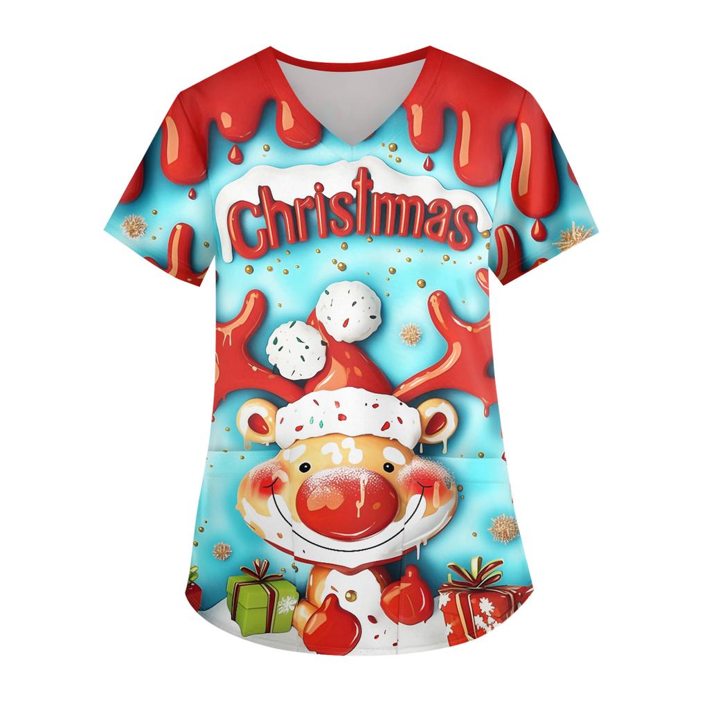 Ladies' Christmas Printed Fashionable V-neck Pocket Short Sleeved Uniform And Caregiver Top