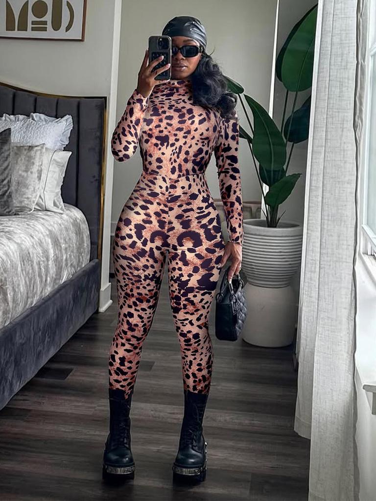 Leopard Print Zipper Jumpsuit - Trendy Euro-American Fashion for Women