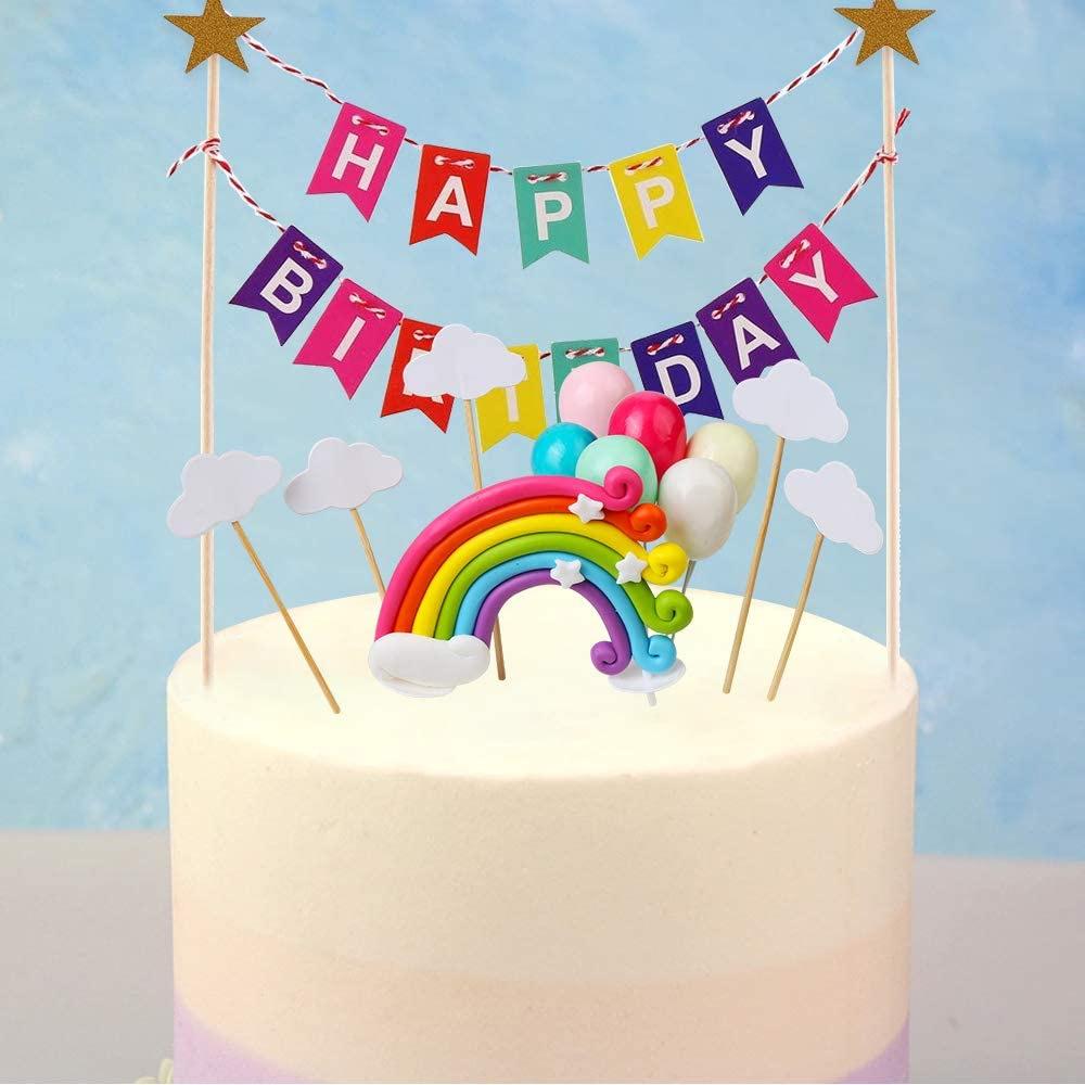 Cake Plugin Set,happy Birthday Banner Hat Including Colorful Rainbow Clouds,balloons,stars Cake Decoration Accessories Tools