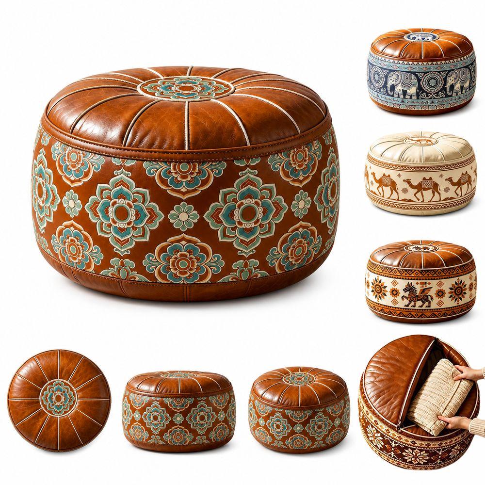 Embroidered Pattern Storage Ottoman Round Shape Floor Seat Cushion Fillable Ottoman Pouf Home Use