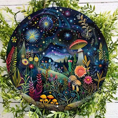 Очаровательная деревянная тарелка с узором в виде цветов и грибов, прочное устойчивое металлическое настенное искусство, внутреннее и наружное украшение