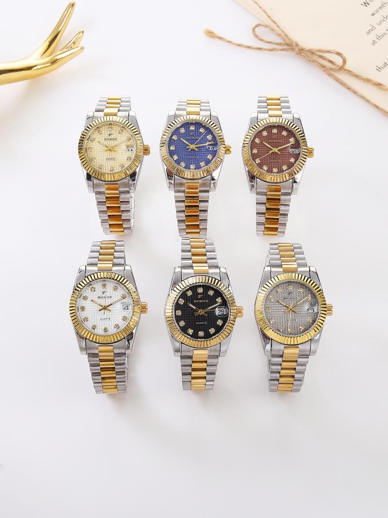 RICECGO Luxury rhinestone business watch fashionable women's quartz watch with calendar clock gift (with box)