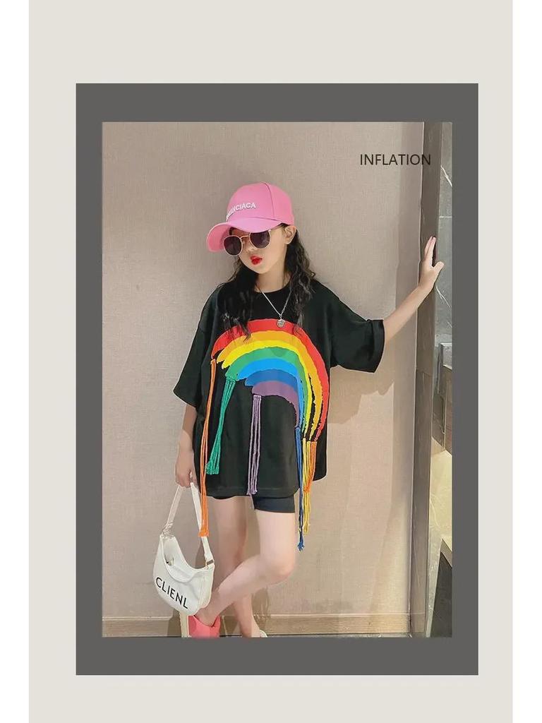 Girls' Hip-Hop Rainbow Braids Short-Sleeve Street Dance T-Shirt