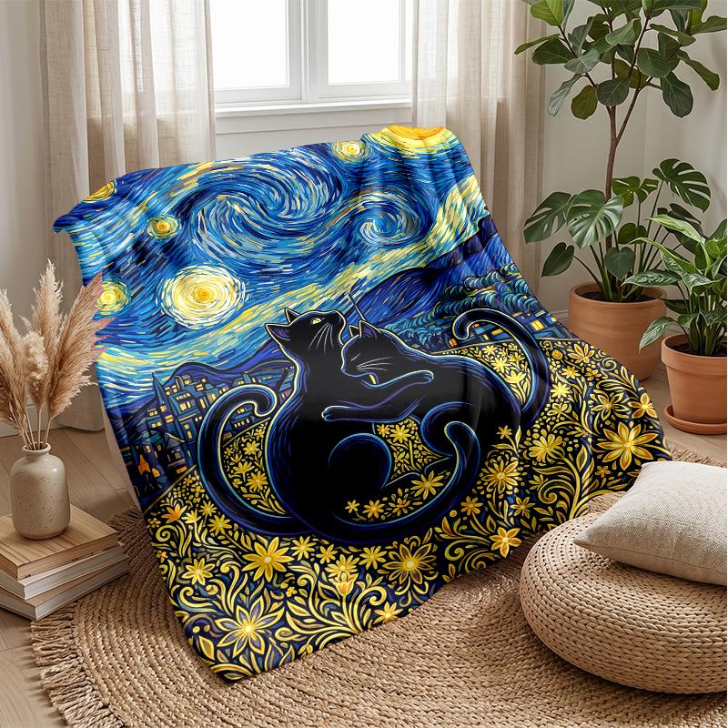 Starry Night Cat Theme blanket Lightweight Warm Flannel Blanket Decorative Throw Blanket for Home Decoration