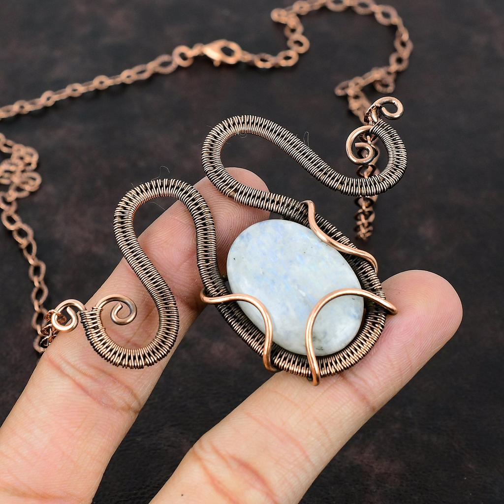 Радужный лунный камень драгоценный камень ожерелье медная проволока обернутое ожерелье ручной работы изящные медные украшения регулируемое ожерелье уникальное ожерелье для подарка
