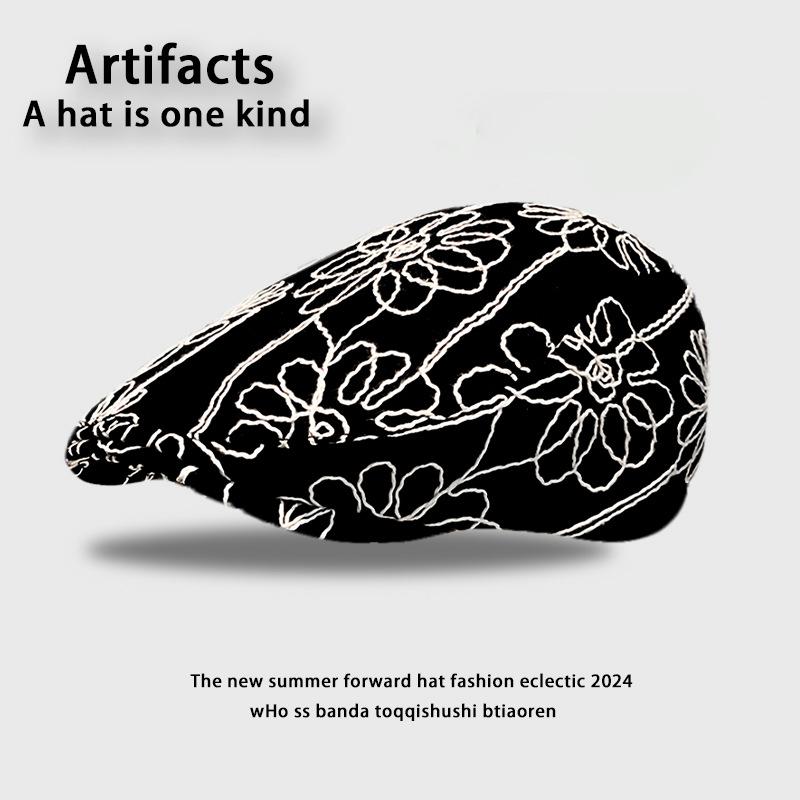 New flower embroidery forward hat children's summer big head circumference beret retro face little painter hat tide