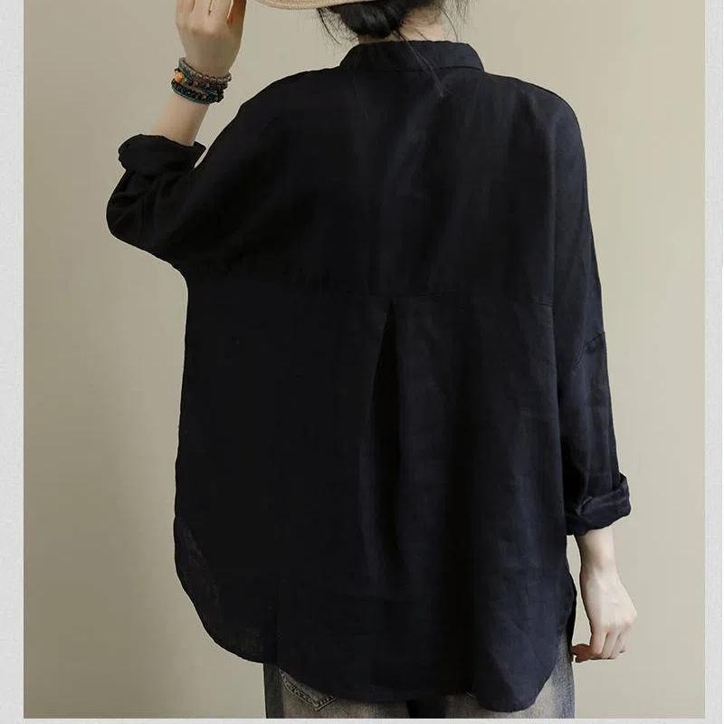 Осень Женские 2024 Новые Сшитые Рубашки Блузки Модные Свободные Минималистичные Удобные Повседневные С Длинным Рукавом с Воротником Поло и Принтом на Пуговицах