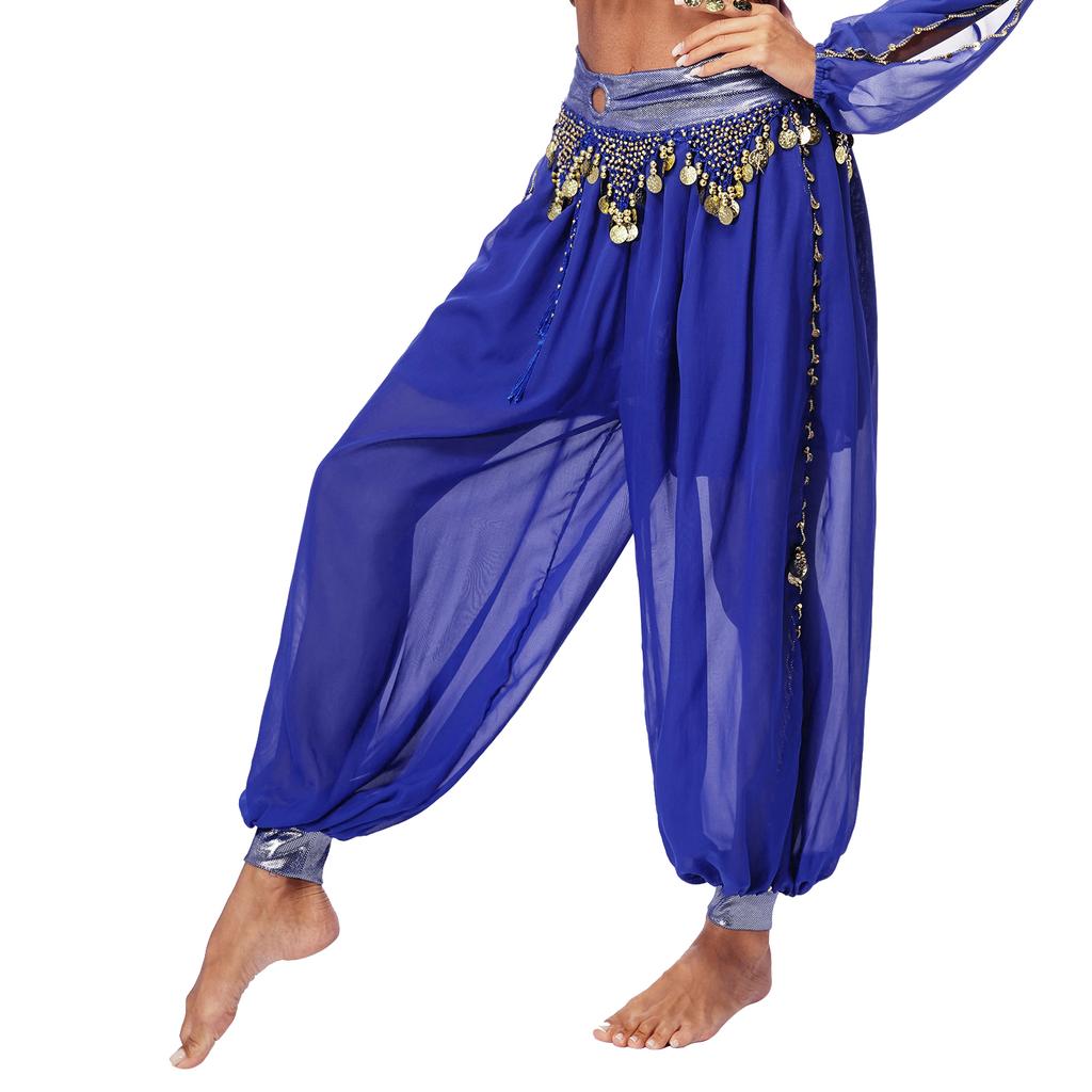 Womens Belly Dance Costume Chiffon Bloomers Plastic Beads Tassels Metallic Ruched Waistband Side Split Pants