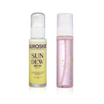 Спрей для лица Suroskie Rose Glass Skin Mist и Солнцезащитный крем Sun Dew 55 Pa+ (100 мл + 50 г) | Тоник для лица и спрей для фиксации макияжа для сияющей кожи | С розовой водой и