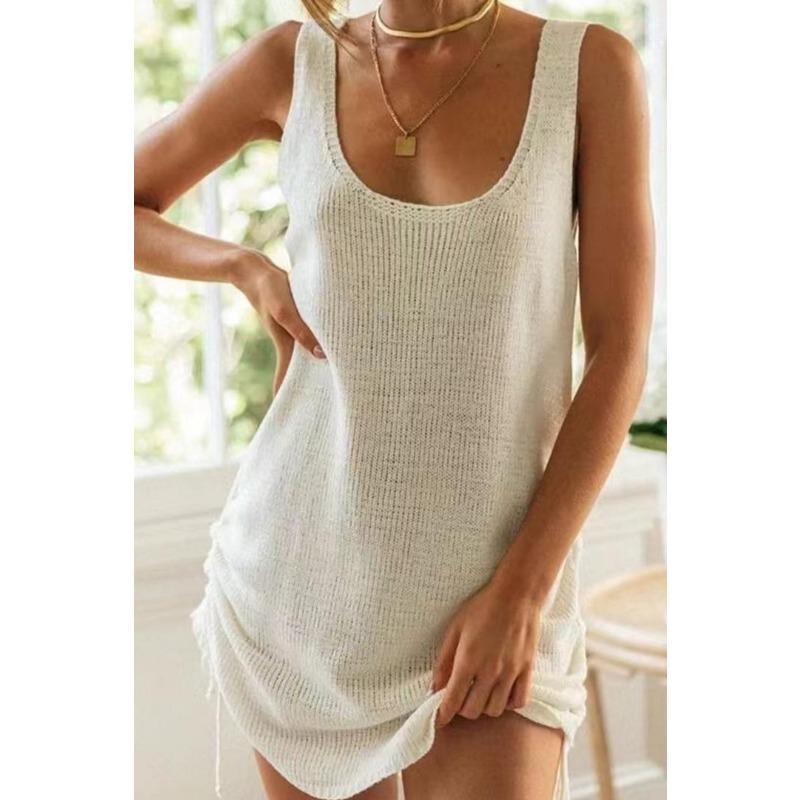 Модное сексуальное вязаное короткое платье без рукавов с открытой спиной и кулиской, элегантное повседневное праздничное пляжное платье на бретелях, свободный женский тонкий сарафан