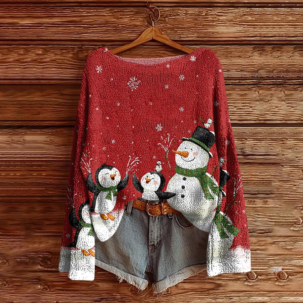 Women's Christmas Print Lightweight Sweater Casual Long Sleeve Knitted Pullover