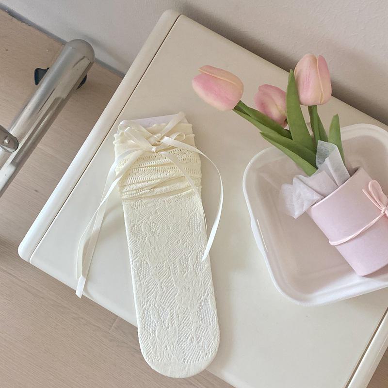 Летние тонкие носки JK с деревянными ушками и кружевной кромкой — дышащий полый стиль для девочек