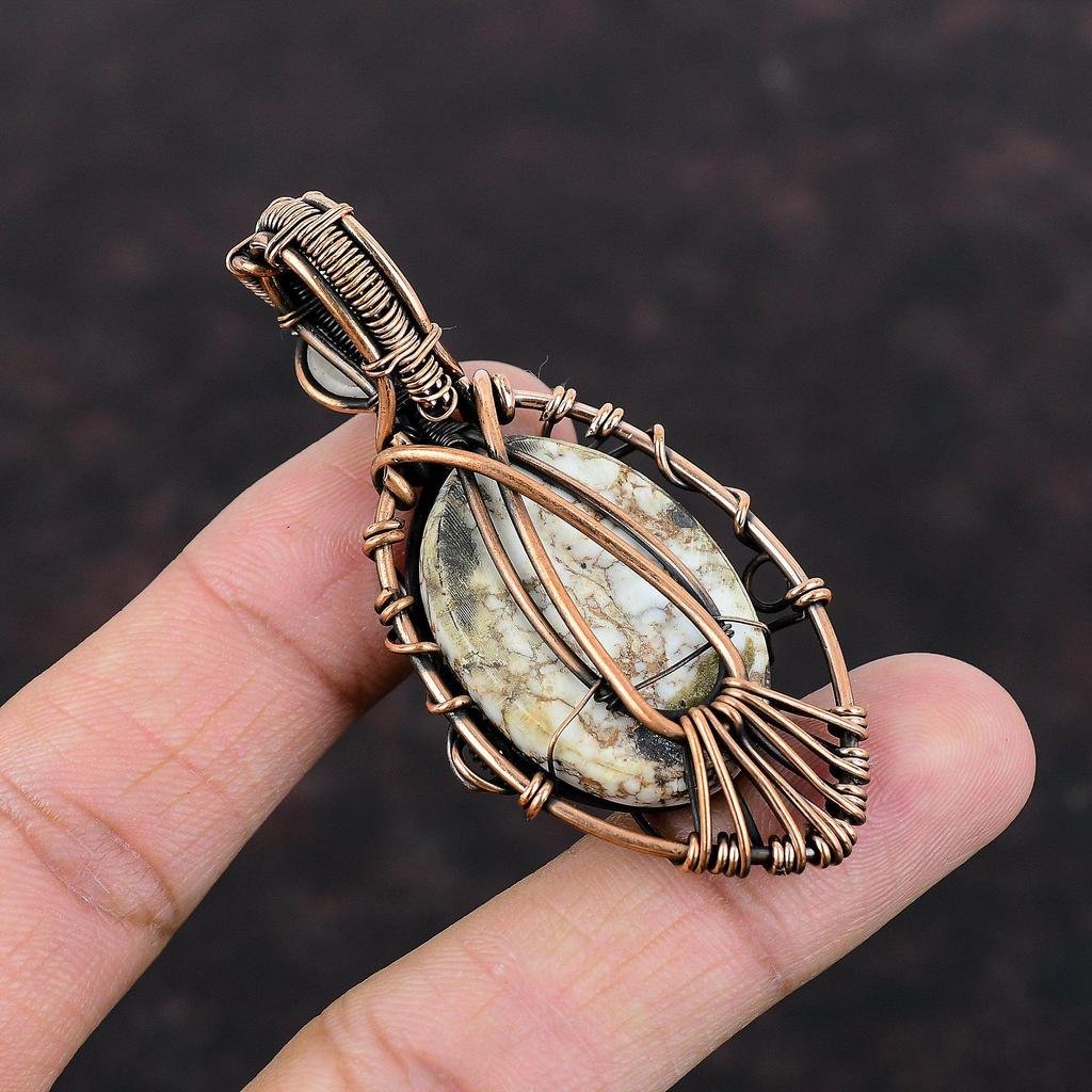 Подвеска из магнезита с дурным глазом и дикой лошадью, обернутая медной проволокой, подвеска ручной работы из радужного лунного камня, драгоценный камень, медное ювелирное изделие, подарок для женщин