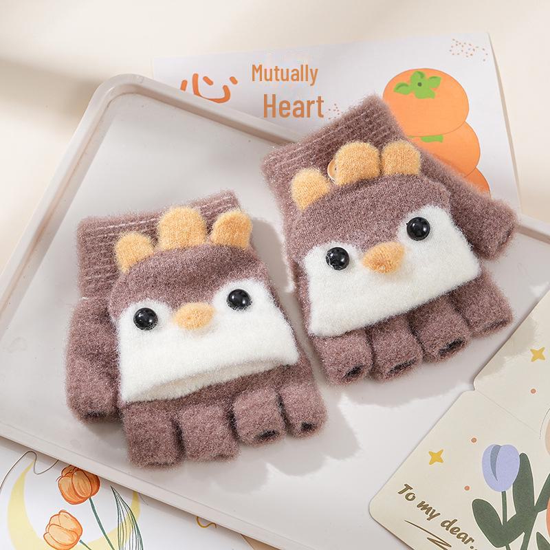 Милые детские перчатки-перевертыши с мультяшным принтом и бархатной подкладкой для тепла и защиты от холода — идеально подходят для письма осенью и зимой