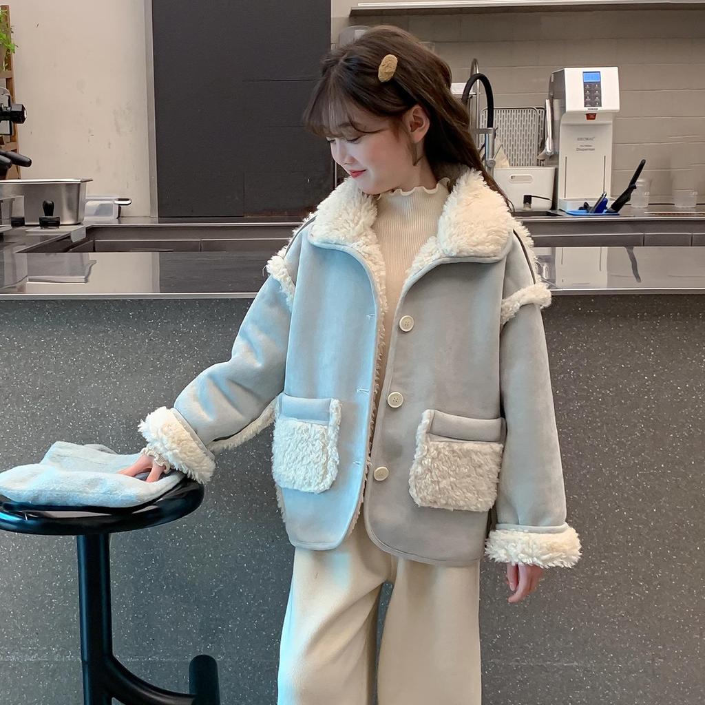 Girls' Fleece-Lined Fluffy Sweater Coat - 2025 Korean Style Lamb Wool Overcoat