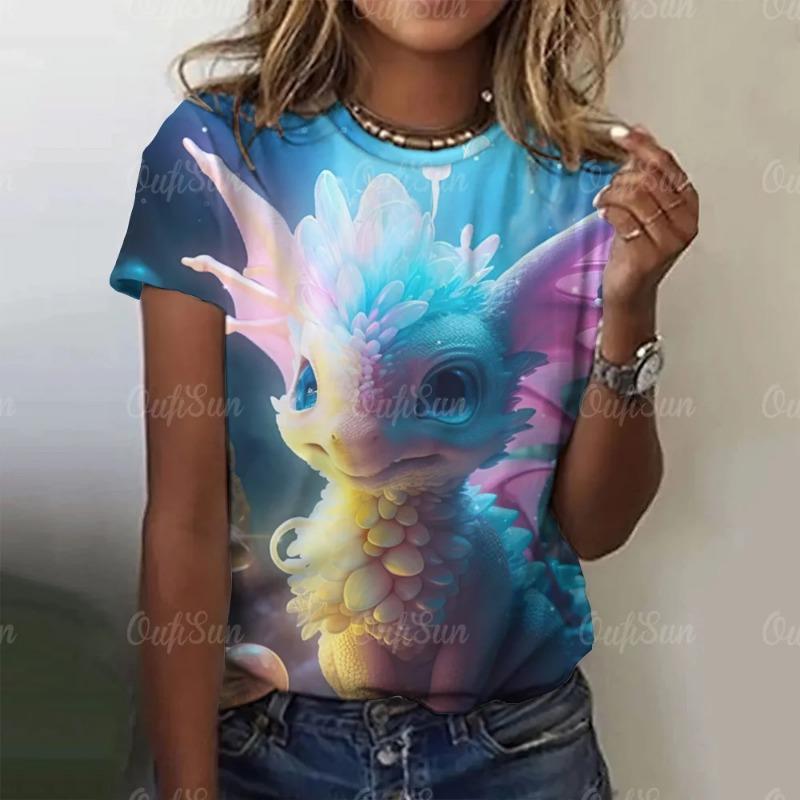 Летние женские футболки с рисунком из мультфильмов, повседневные футболки с короткими рукавами и 3D-драконом для женщин, одежда, свободный уличный топ