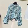 Fashion Stand Collar Floral Print Blouse Autumn 2023 Korean Chiffon Blouse Long Lantern Sleeve Shirt Loose Clothes 28508