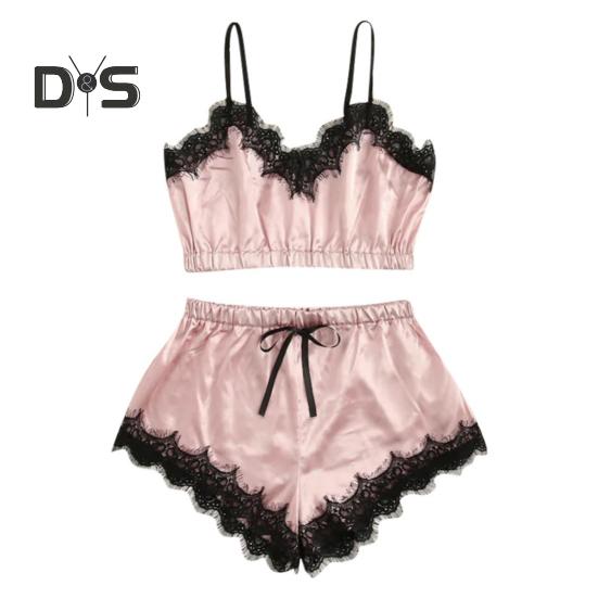 Женский пижамный комплект из 2 предметов, кружевная отделка, V-образный вырез, укороченный топ на бретельках, эластичный пояс, шорты, повседневный комплект без рукавов, домашний комплект