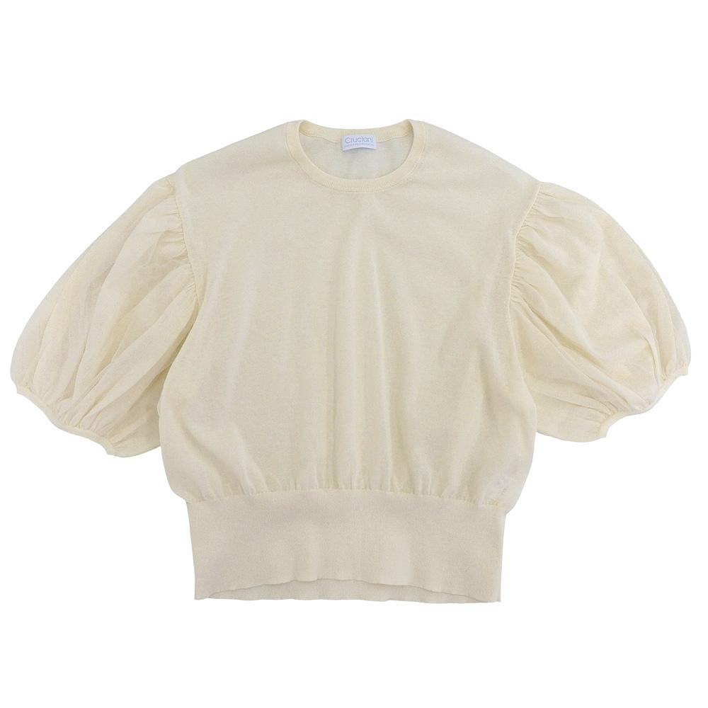 Cruciani Beautiful tulle lace short-sleeved knit top for women, Ivory, size 38, 241706 tops 38 IvoryUsed