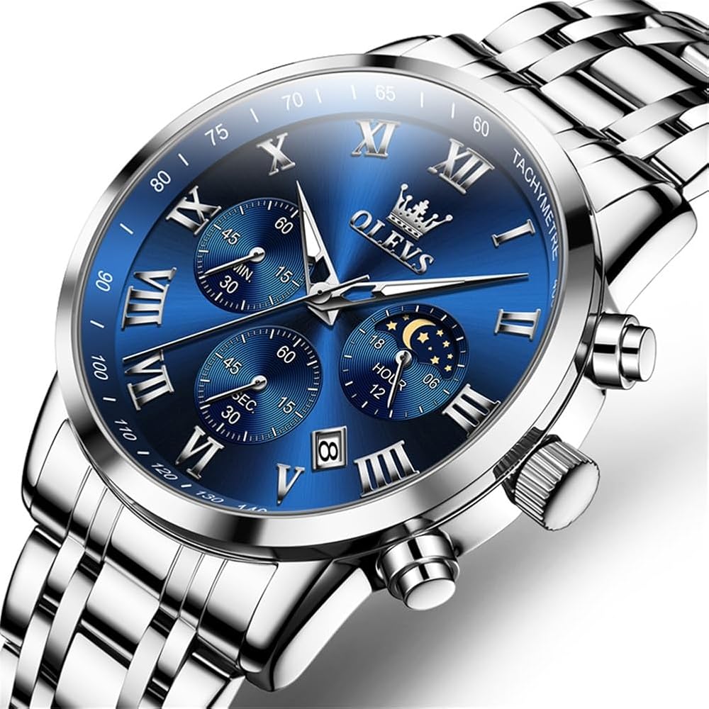 OLEVS Multifunction Men's Watch Stainless Steel Classic Quartz Analog Waterproof Date Luminous Fashion Timepiece