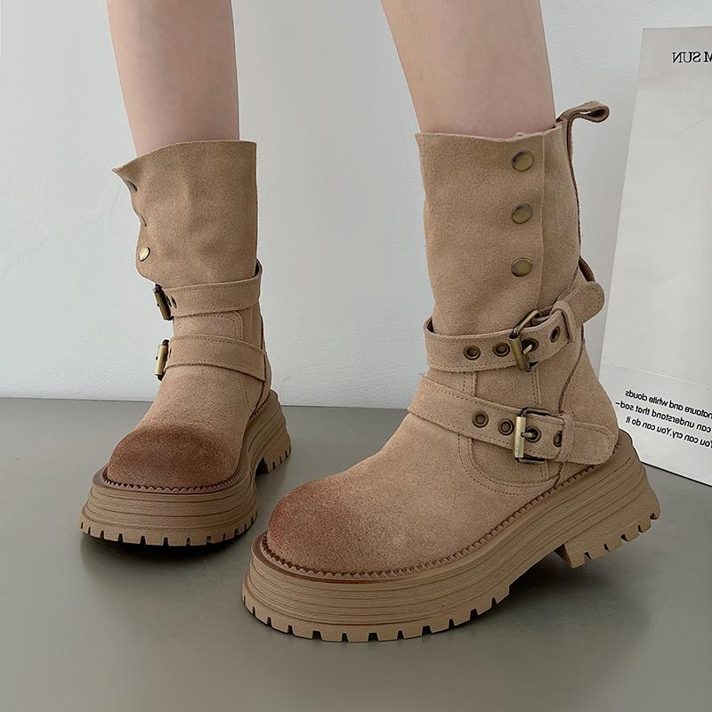 Fashion New High Quality Pleated Boots Women Nude Faux Suede Mid Boots Ladies Retro Buckle Thick Soled Autumn Winter Comfort Short Boots