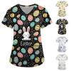 Женская мода V-образный вырез короткий рукав комбинезон с карманами пасхальный принт топы одежда