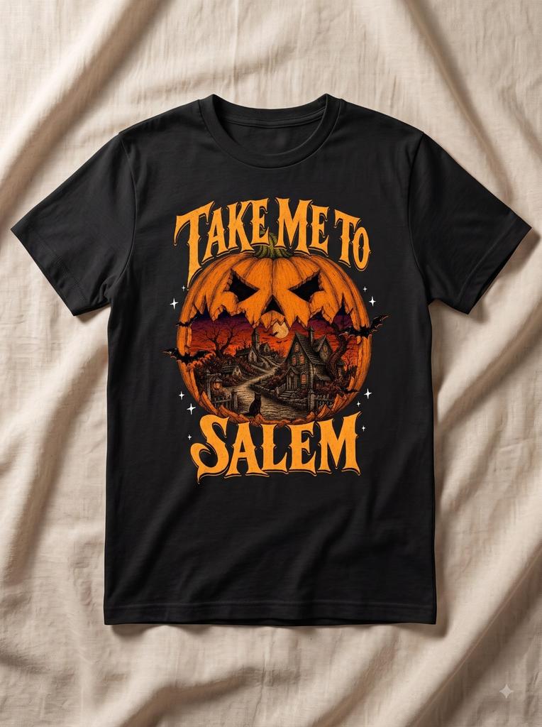 Vintage Halloween Take Me To Salem Shirt, Witch Shirt, Haunted Pumpkin Scene