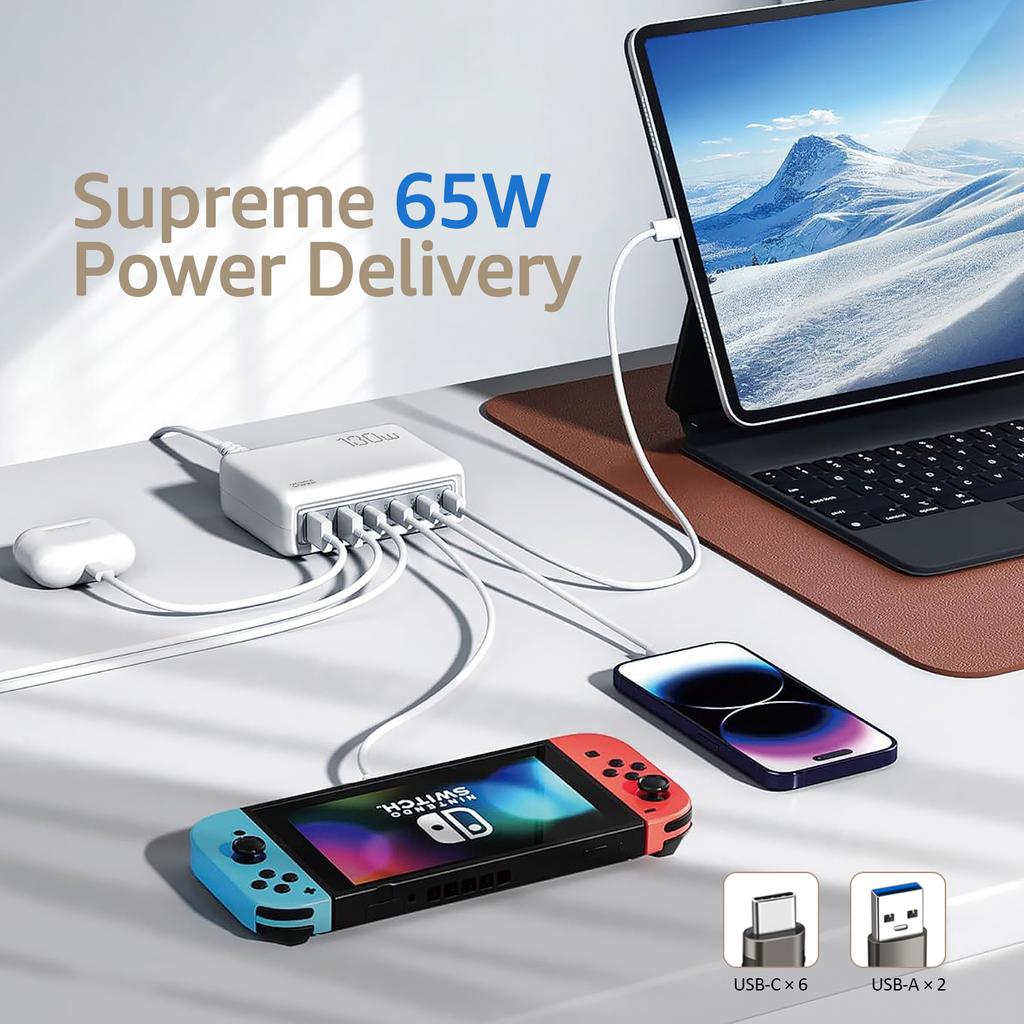 130W USB Charger Type C PD Fast Charging Multiple 6 Ports Desktop Charger Station Phone Charger For iPhone 14 15Pro Xiaomi