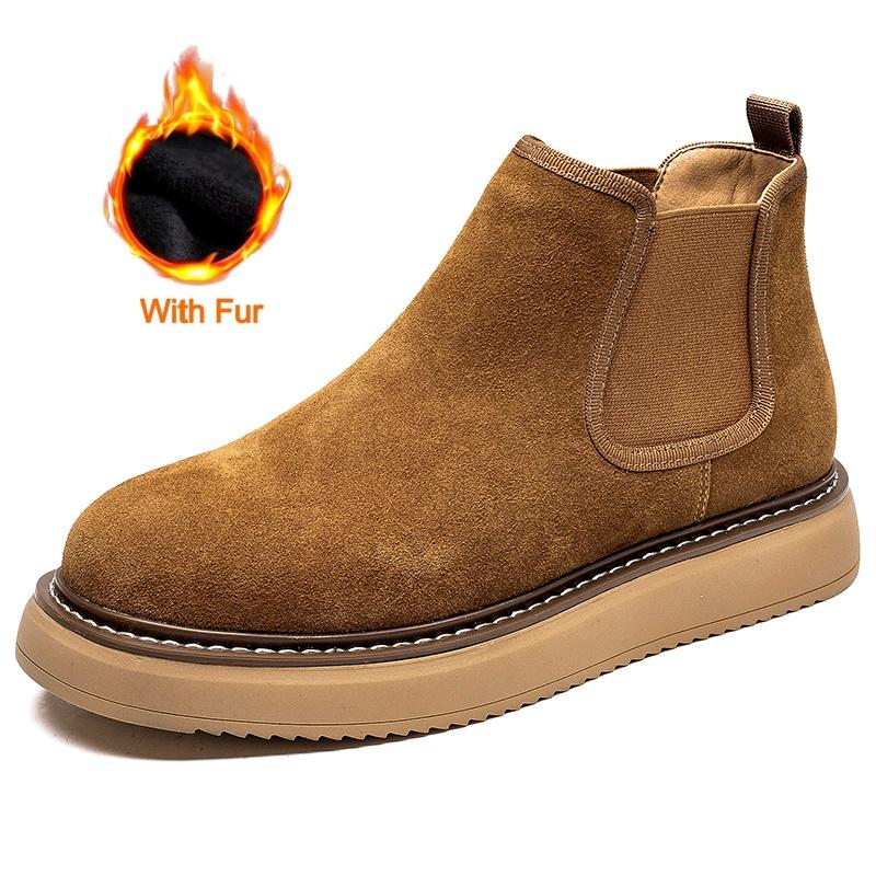 Fashion Genuine Leather Men Winter Short Plush Boots British Style Warm Casual Leather Thick Bottom Winter Shoes Outdoor Walking Shoes