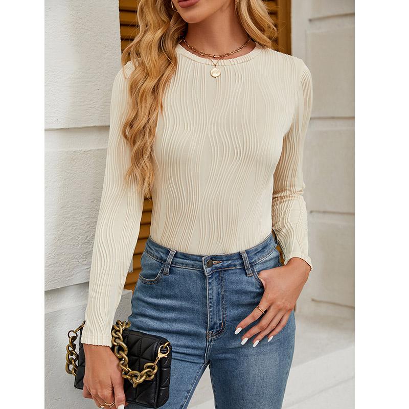 Женская повседневная однотонная футболка с длинным рукавом и круглым вырезом