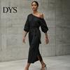 Daily Wear Dress Women One Shoulder Long Dress, Solid Color Tie Waist Side Split Everyday Dresses Casual Party Sleeve Maxi for Summer Office