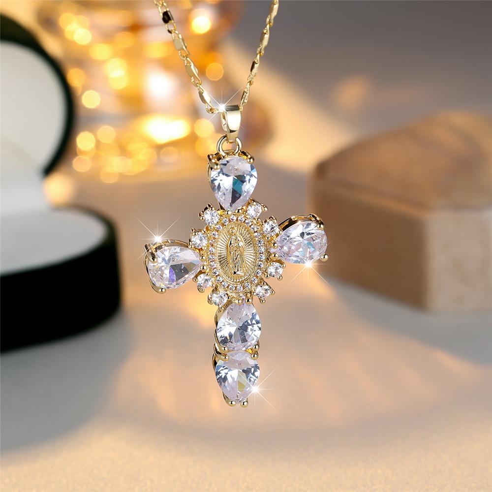 Женское Ожерелье-Кулон с Кристаллами Синего, Черного, Белого Циркона Винтажное Большое Золотого Цвета Крест Свадебное Для Женщин