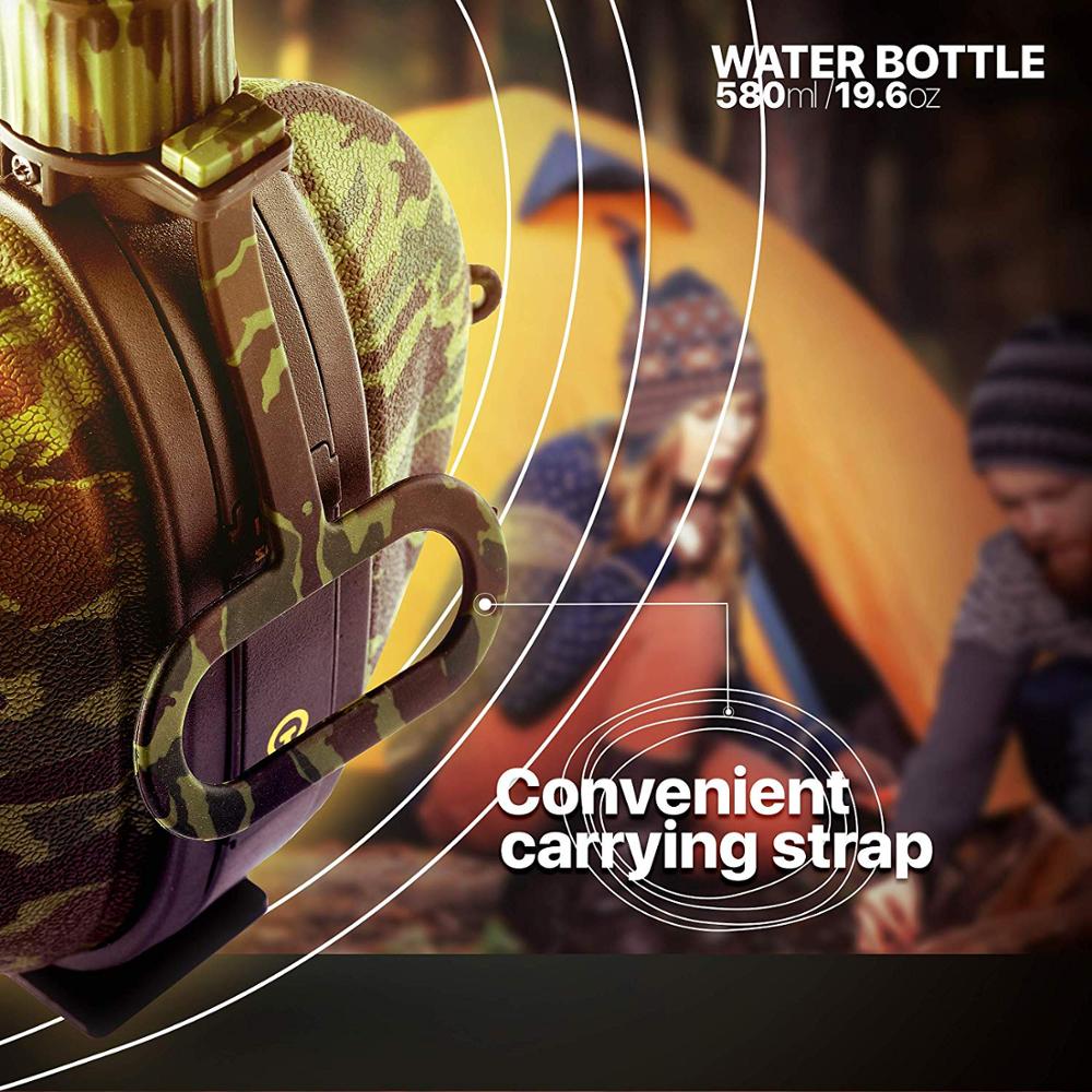 580ML Collapsible Military Water Bottle FDA Food Grade Silicone Water Kettle Canteen with Compass Bottle Cap for Hiking Camping