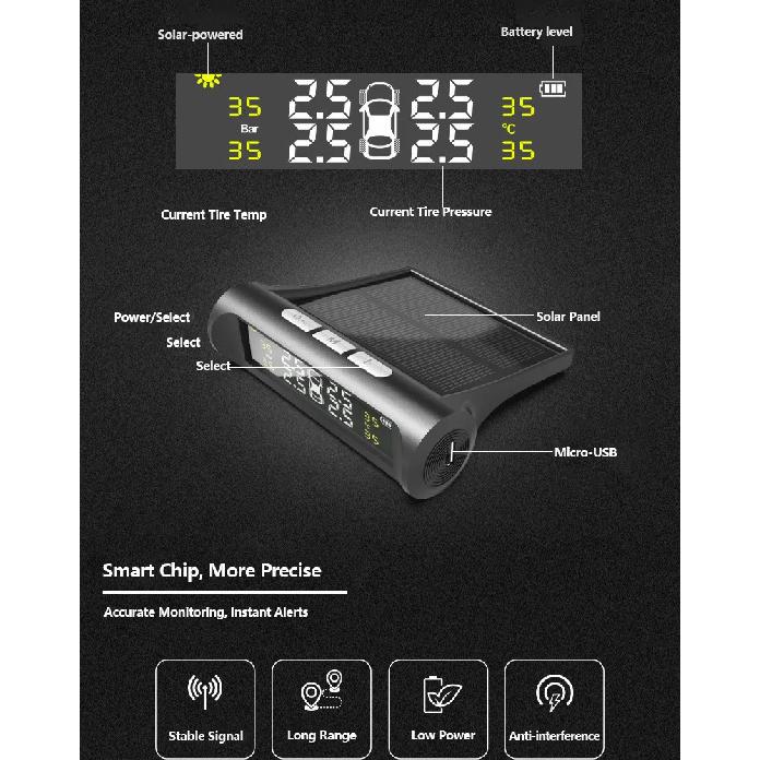 Solar Wireless Tire Pressure Monitoring System TPMS Auto Security Alarm Device With 4 sensors Temperature Warning