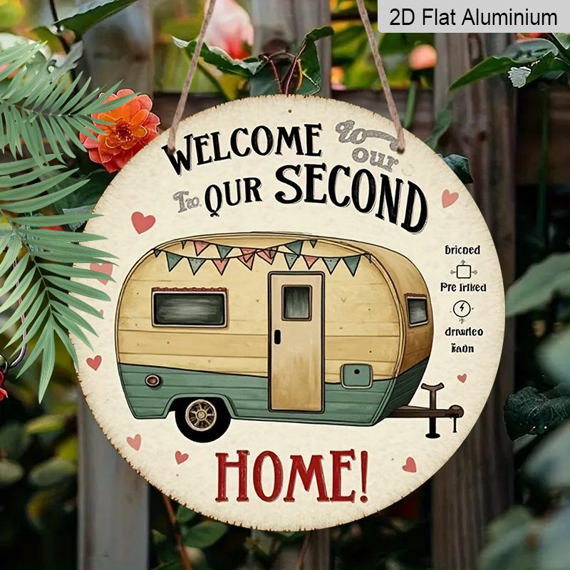 2D Flat, 1pc 7.87inchs Rustic Farmhouse Welcome Aluminum Plaque "Welcome Our Second Time" Camper Van Door Sign - Vintage RV Wall Decor with Hearts