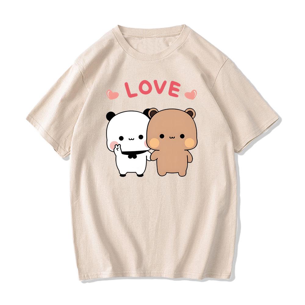 Kawaii Bear Panda Bubu и Dudu Футболки «Держись за руки с любовью» Футболка из 100% хлопка Футболки с короткими рукавами для девочек с принтом О-образным вырезом Симпатичные футболки Повседневные
