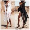 Women Bikini Dress See-through Lace Flower Short Sleeves Embroidery Thin Mid-calf Length Sunscreen Quick